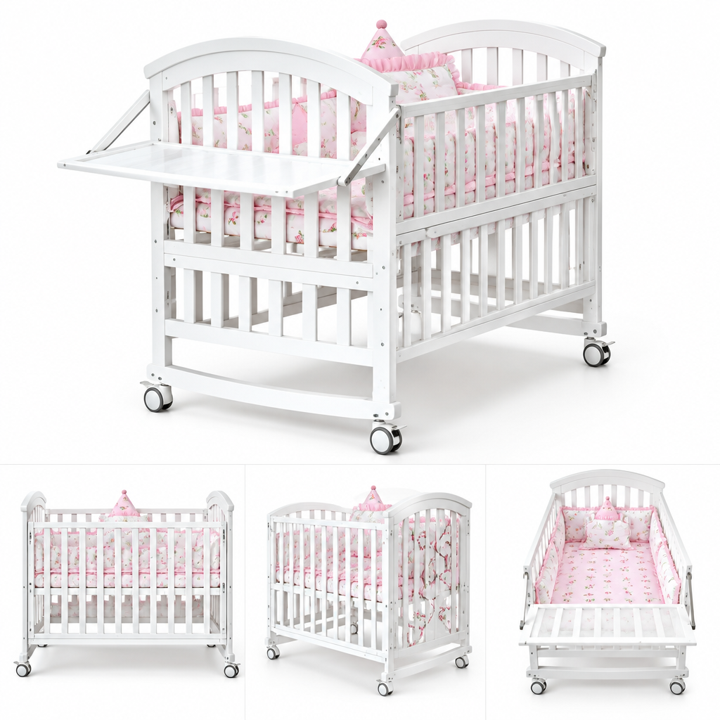 Coo-D Classic White Wooden Baby Cot with Wheels