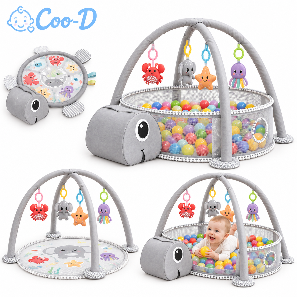 Coo-D branded 4-in-1 baby activity play gym and ball pit with elephant design and hanging sensory toys